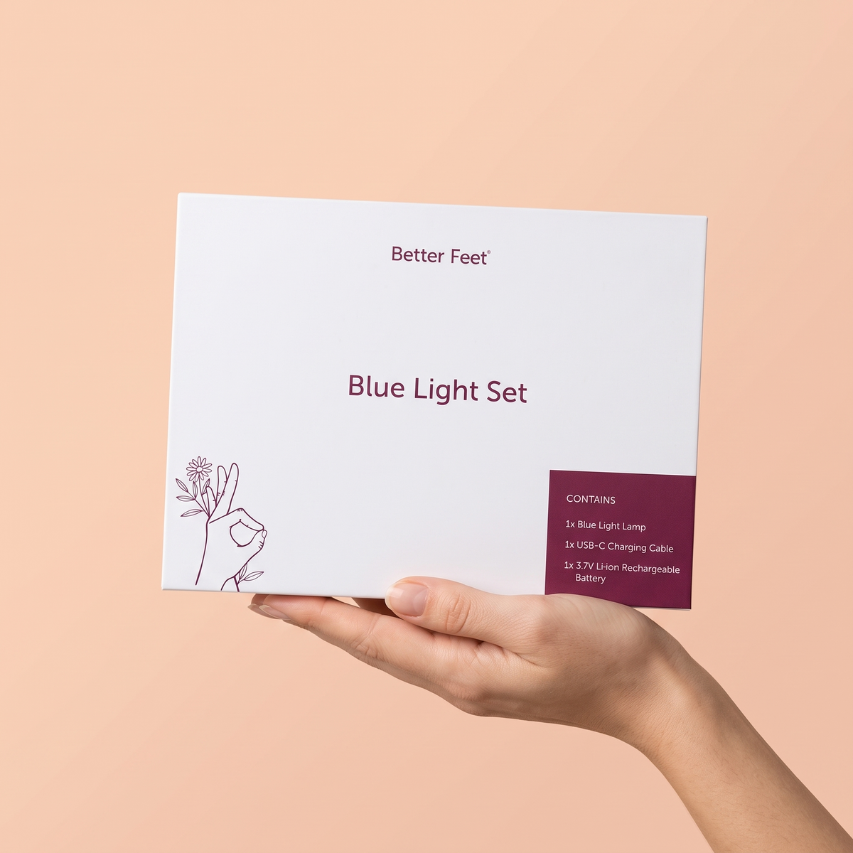 Better Feet® OnyFix® Starter Kit, Blue Light Set & Certification held in hand