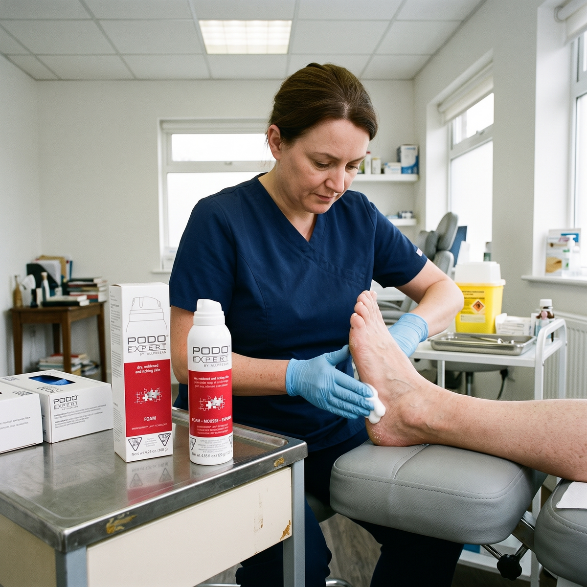 PodoExpert Dry, Reddened & Itching Skin in use at a podiatry clinic