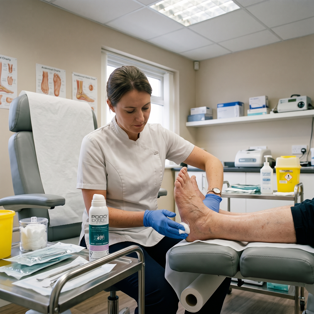 PodoExpert Shoe & Foot Deodorant 125 ml – Scented in use at a podiatry clinic